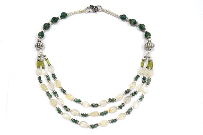Natural Moonstone Peridot and Green Aventurine Necklace Set, 3 Strand Beaded Statement Necklace, Boho Gemstone Jewelry Set with Earrings, 32826