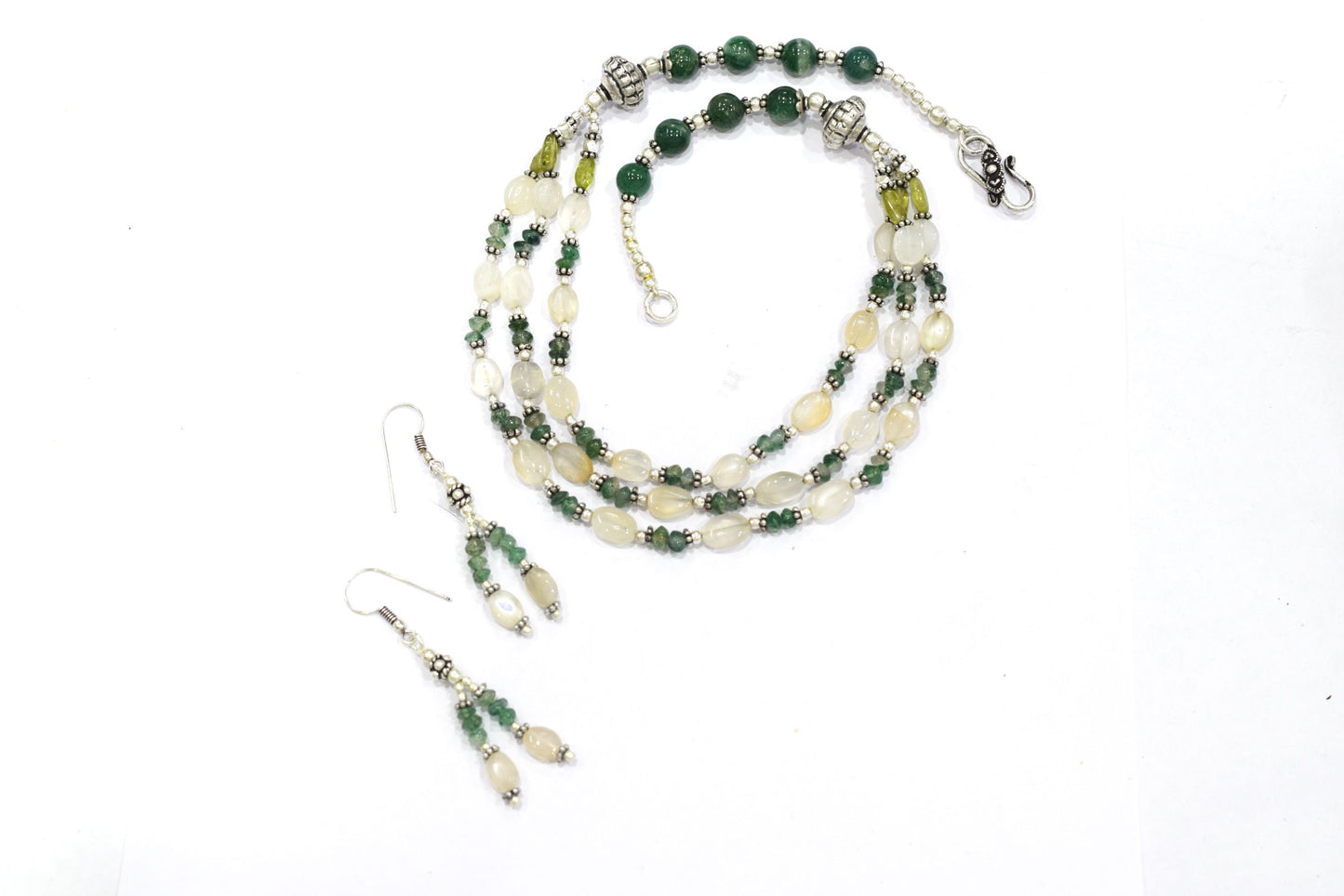 Natural Moonstone Peridot and Green Aventurine Necklace Set, 3 Strand Beaded Statement Necklace, Boho Gemstone Jewelry Set with Earrings, 32826