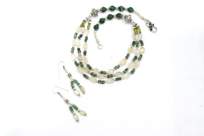 Natural Moonstone Peridot and Green Aventurine Necklace Set, 3 Strand Beaded Statement Necklace, Boho Gemstone Jewelry Set with Earrings, 32826