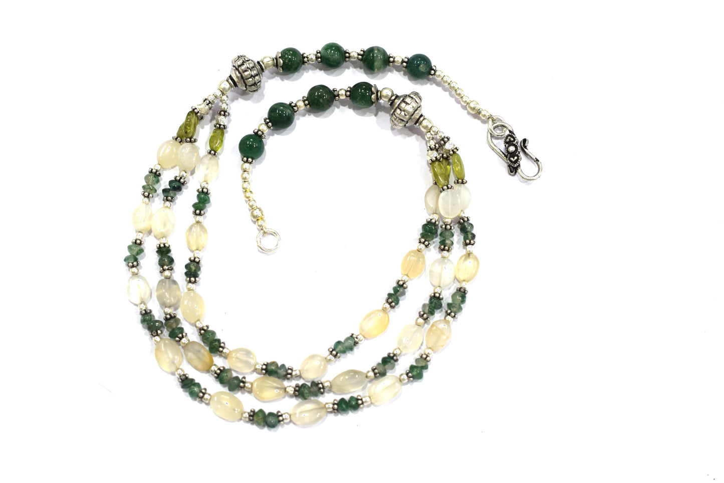 Natural Moonstone Peridot and Green Aventurine Necklace Set, 3 Strand Beaded Statement Necklace, Boho Gemstone Jewelry Set with Earrings, 32826