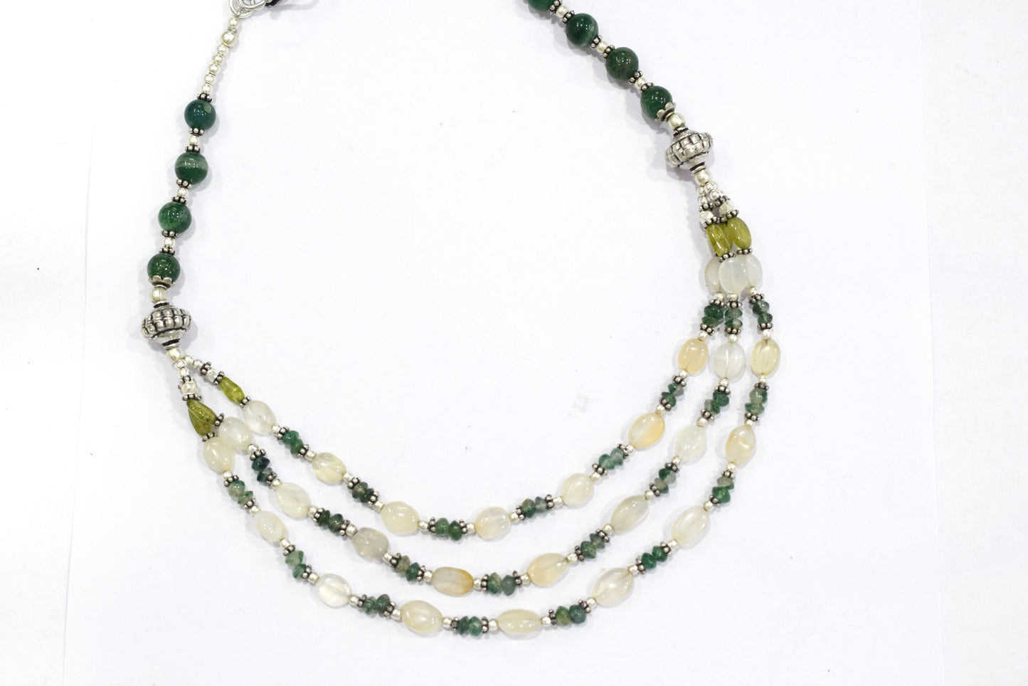 Natural Moonstone Peridot and Green Aventurine Necklace Set, 3 Strand Beaded Statement Necklace, Boho Gemstone Jewelry Set with Earrings, 32826
