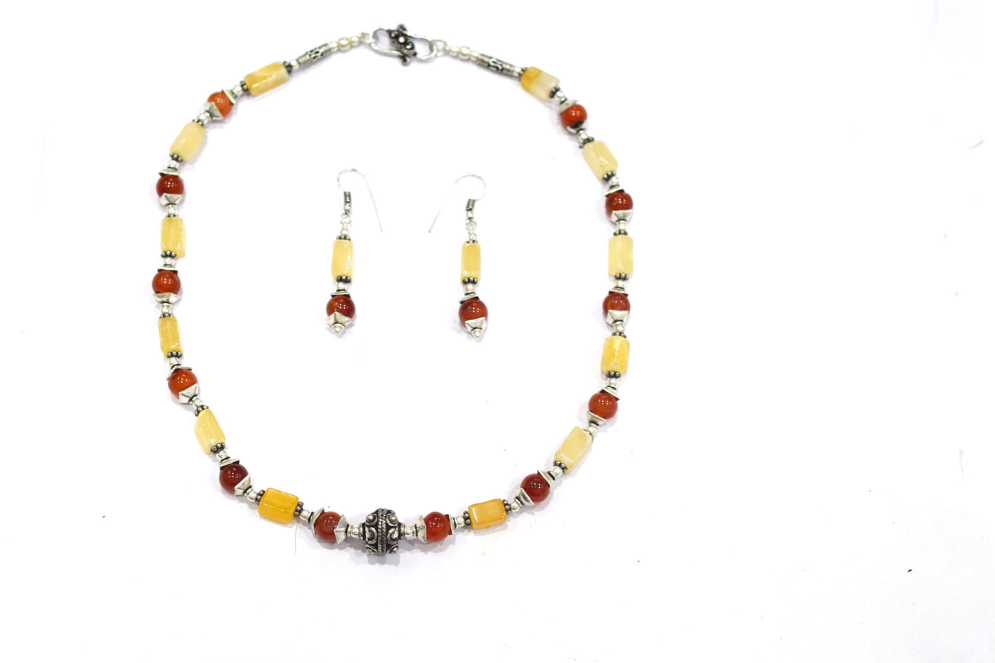 Yellow Aventurine and Carnelian Necklace Set, Beaded Gemstone Jewelry, Natural Crystal Choker, Boho Warm Tone Drop Earrings, Gift for Her, 32827
