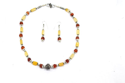 Yellow Aventurine and Carnelian Necklace Set, Beaded Gemstone Jewelry, Natural Crystal Choker, Boho Warm Tone Drop Earrings, Gift for Her, 32827