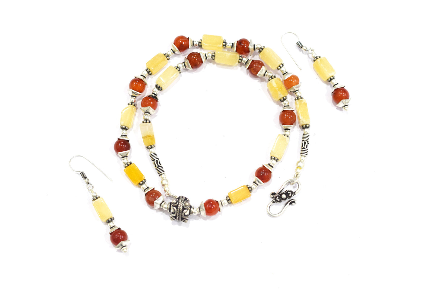 Yellow Aventurine and Carnelian Necklace Set, Beaded Gemstone Jewelry, Natural Crystal Choker, Boho Warm Tone Drop Earrings, Gift for Her, 32827
