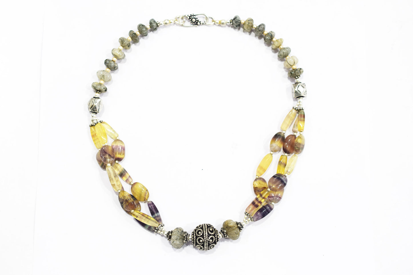 Natural Rainbow Fluorite and Rutile Quartz Layerd,  Multi Strand Jewelry with Dangle Earrings, 32828