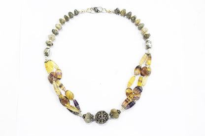 Natural Rainbow Fluorite and Rutile Quartz Layerd,  Multi Strand Jewelry with Dangle Earrings, 32828