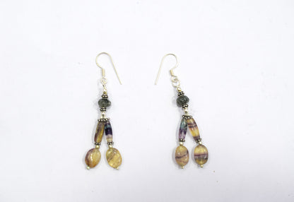 Natural Rainbow Fluorite and Rutile Quartz Layerd,  Multi Strand Jewelry with Dangle Earrings, 32828