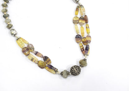 Natural Rainbow Fluorite and Rutile Quartz Layerd,  Multi Strand Jewelry with Dangle Earrings, 32828