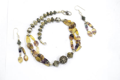 Natural Rainbow Fluorite and Rutile Quartz Layerd,  Multi Strand Jewelry with Dangle Earrings, 32828
