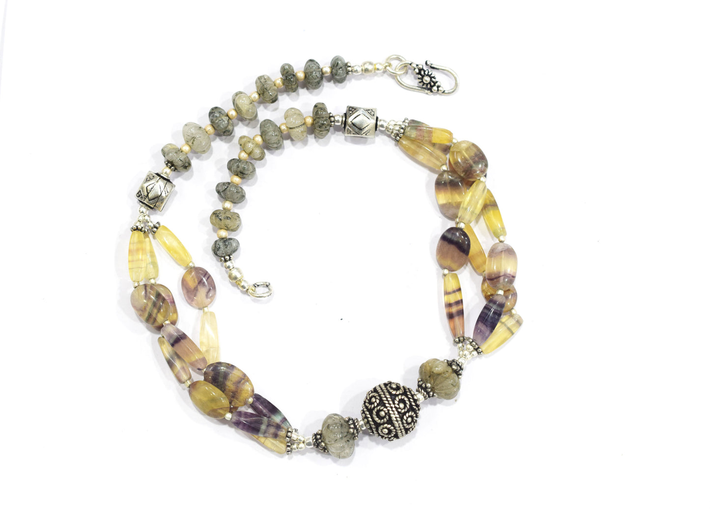 Natural Rainbow Fluorite and Rutile Quartz Layerd,  Multi Strand Jewelry with Dangle Earrings, 32828
