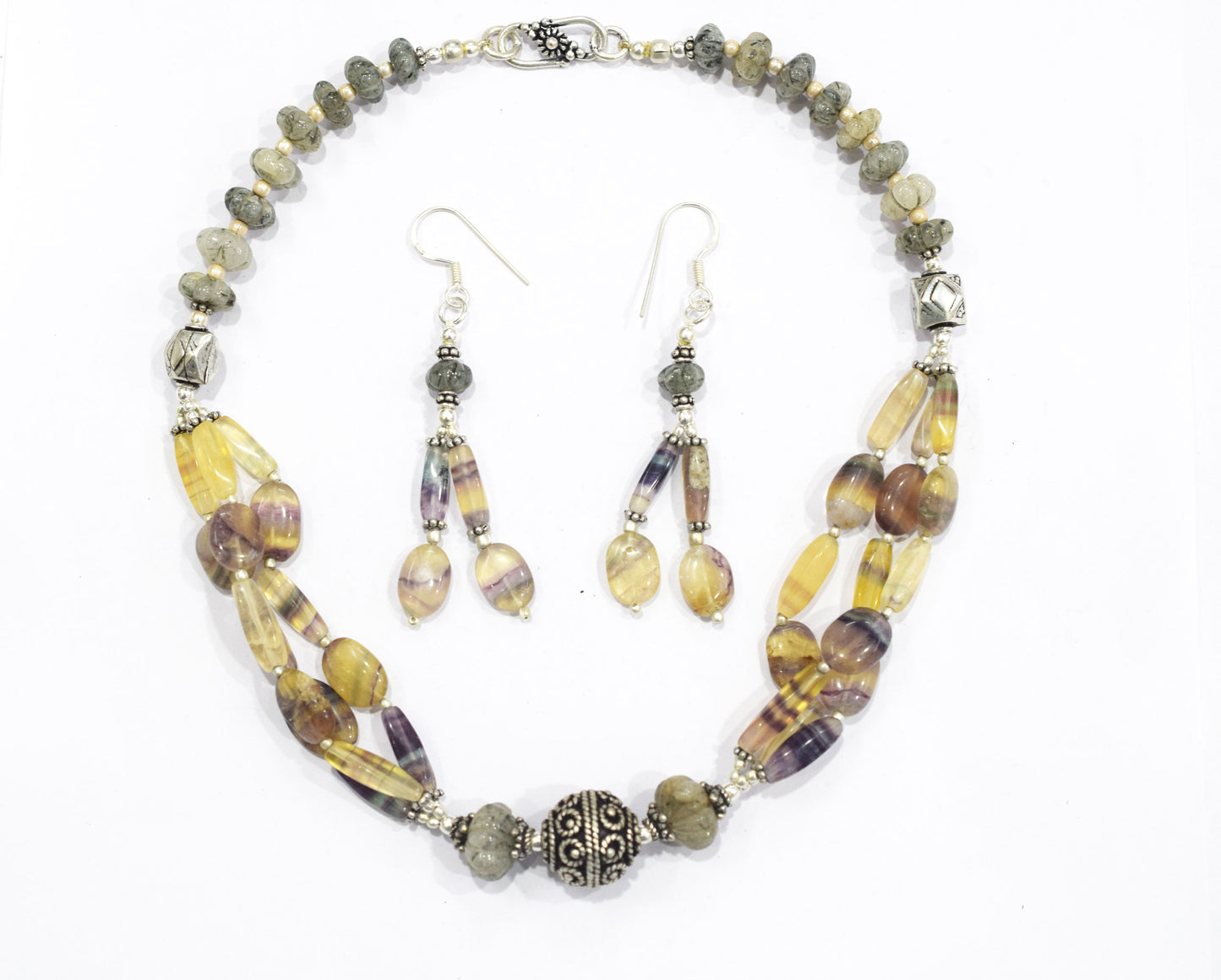Natural Rainbow Fluorite and Rutile Quartz Layerd,  Multi Strand Jewelry with Dangle Earrings, 32828