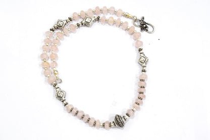 Natural Rose Quartz Beaded Choker Necklace Set with Dangle Earrings, Handmade Pink Gemstone Rondelle Jewelry, Delicate Healing Crystal Gift for Her, 32829