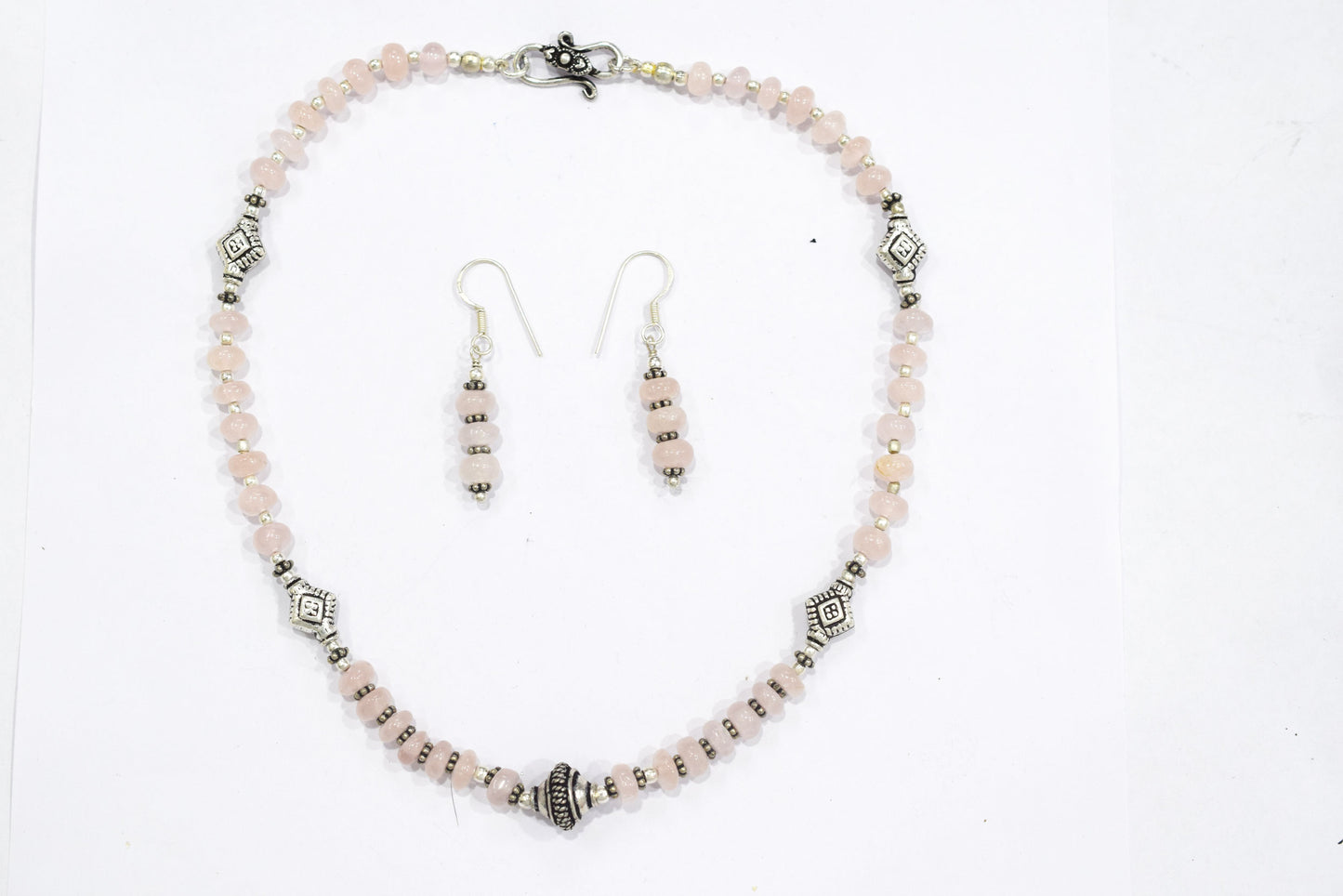 Natural Rose Quartz Beaded Choker Necklace Set with Dangle Earrings, Handmade Pink Gemstone Rondelle Jewelry, Delicate Healing Crystal Gift for Her, 32829