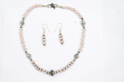Natural Rose Quartz Beaded Choker Necklace Set with Dangle Earrings, Handmade Pink Gemstone Rondelle Jewelry, Delicate Healing Crystal Gift for Her, 32829