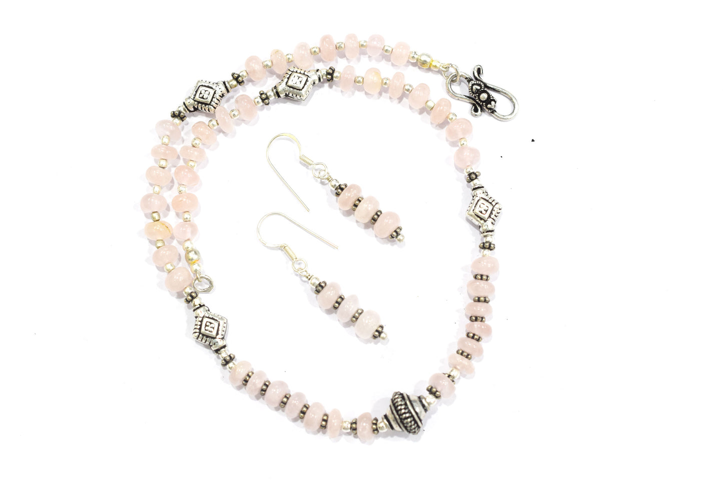 Natural Rose Quartz Beaded Choker Necklace Set with Dangle Earrings, Handmade Pink Gemstone Rondelle Jewelry, Delicate Healing Crystal Gift for Her, 32829