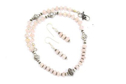 Natural Rose Quartz Beaded Choker Necklace Set with Dangle Earrings, Handmade Pink Gemstone Rondelle Jewelry, Delicate Healing Crystal Gift for Her, 32829