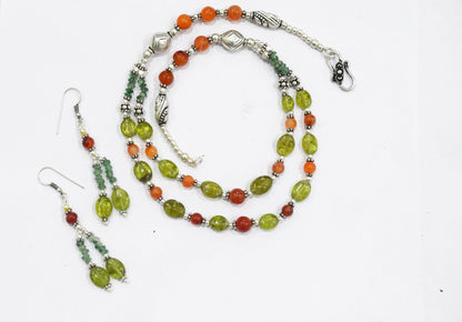 Natural Carnelian, Peridot & Red Jasper Multi-Strand Braided Necklace Set , Earthy Multi-Layer Gemstone Statement Jewelry with Drop Earrings, 32830