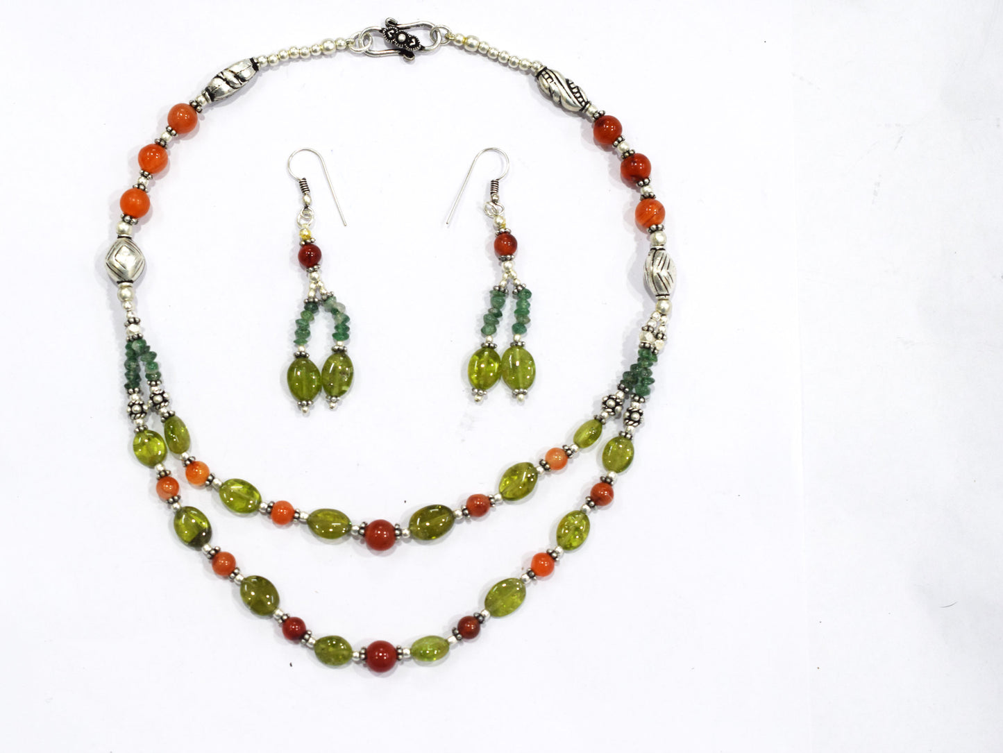 Natural Carnelian, Peridot & Red Jasper Multi-Strand Braided Necklace Set , Earthy Multi-Layer Gemstone Statement Jewelry with Drop Earrings, 32830