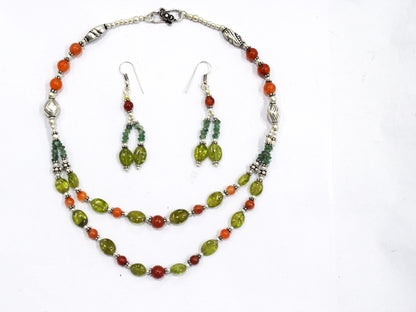Natural Carnelian, Peridot & Red Jasper Multi-Strand Braided Necklace Set , Earthy Multi-Layer Gemstone Statement Jewelry with Drop Earrings, 32830