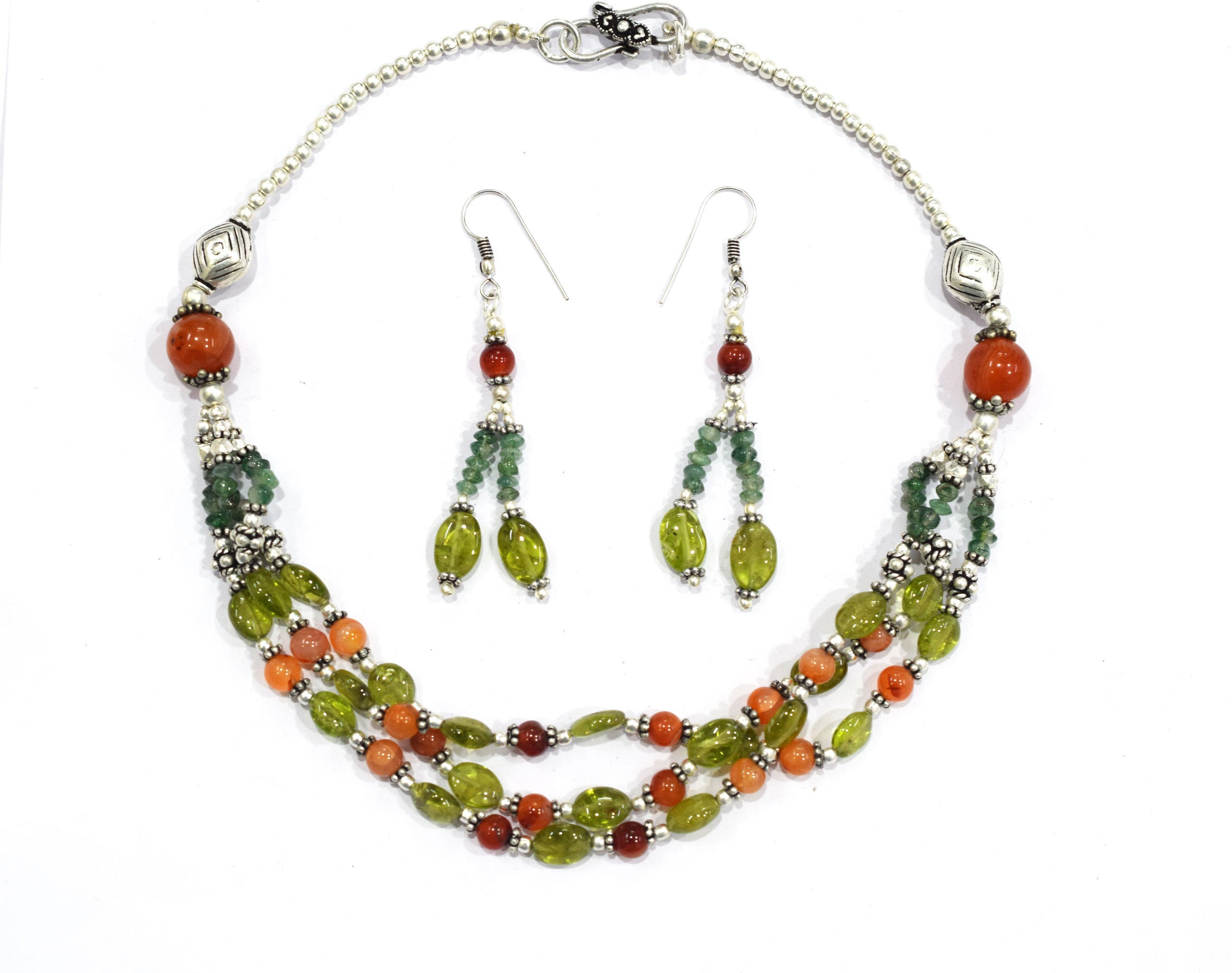 Natural Carnelian Peridot and Green Aventurine Multi Strand Necklace Set with Dangle Earrings , Crystal Gift for Her, 32831