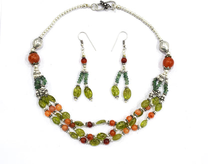 Natural Carnelian Peridot and Green Aventurine Multi Strand Necklace Set with Dangle Earrings , Crystal Gift for Her, 32831