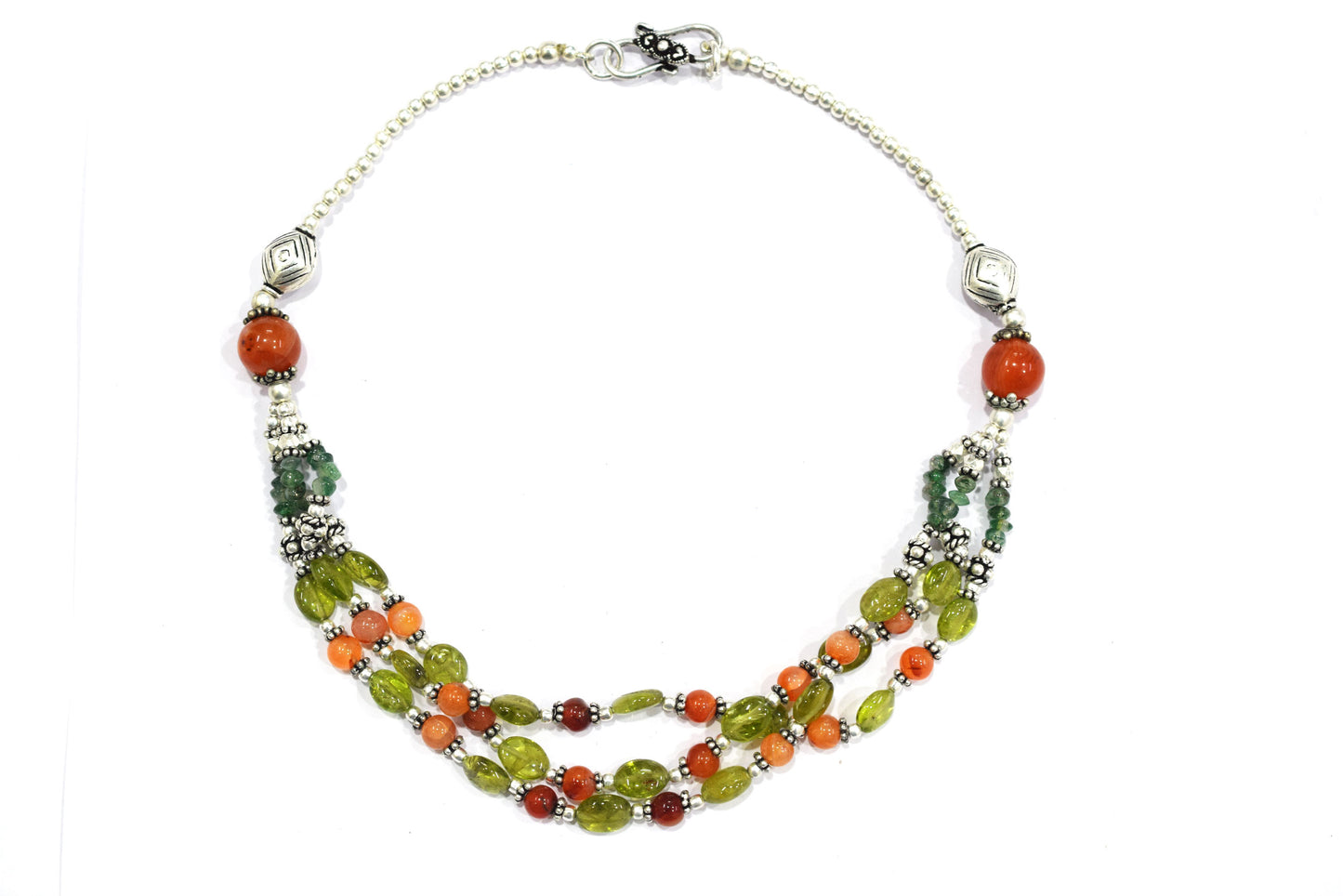 Natural Carnelian Peridot and Green Aventurine Multi Strand Necklace Set with Dangle Earrings , Crystal Gift for Her, 32831
