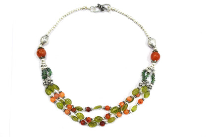Natural Carnelian Peridot and Green Aventurine Multi Strand Necklace Set with Dangle Earrings , Crystal Gift for Her, 32831