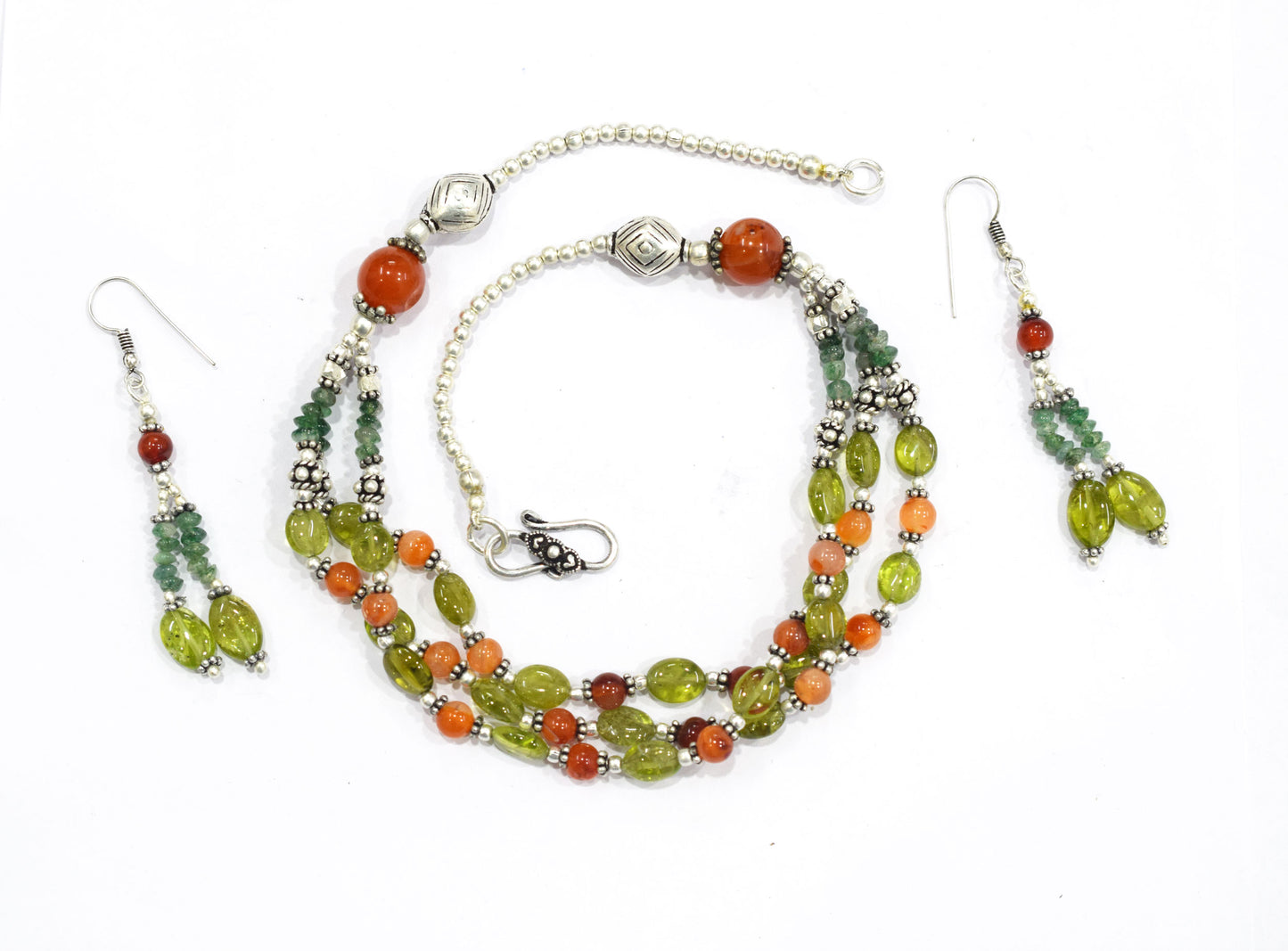 Natural Carnelian Peridot and Green Aventurine Multi Strand Necklace Set with Dangle Earrings , Crystal Gift for Her, 32831