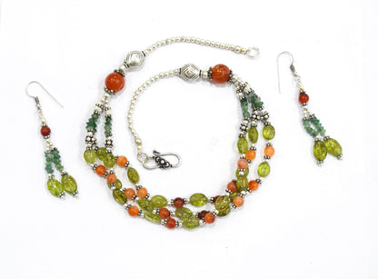 Natural Carnelian Peridot and Green Aventurine Multi Strand Necklace Set with Dangle Earrings , Crystal Gift for Her, 32831