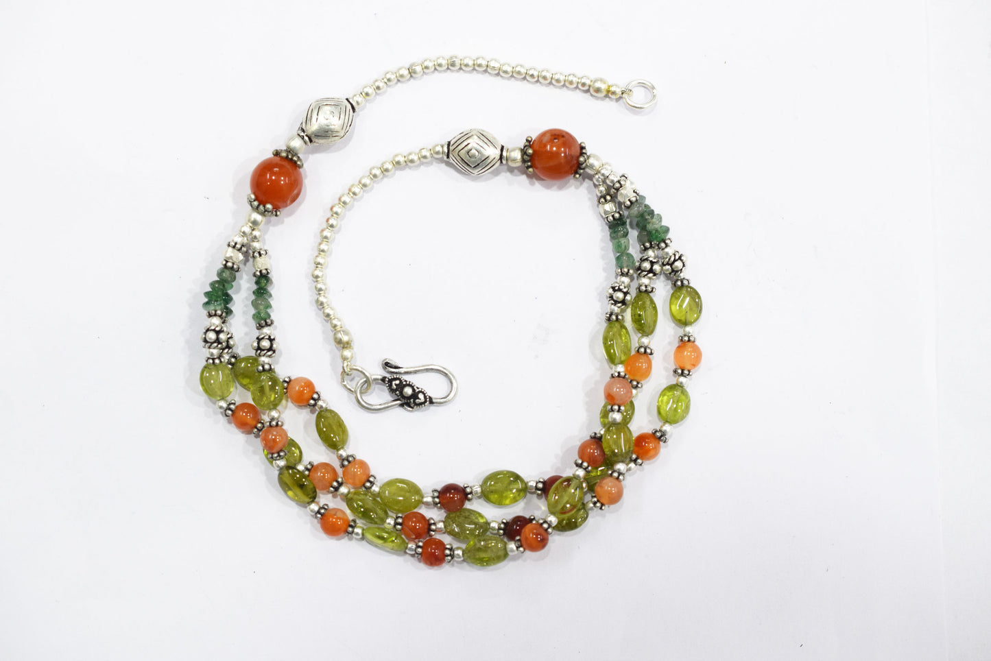 Natural Carnelian Peridot and Green Aventurine Multi Strand Necklace Set with Dangle Earrings , Crystal Gift for Her, 32831