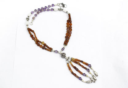 Natural Hessonite Garnet Amethyst and White Agate Tassel Necklace Set, Multi Strand Gemstone Statement Jewelry with Tiered Dangle Earrings, Gift for Her, 32832