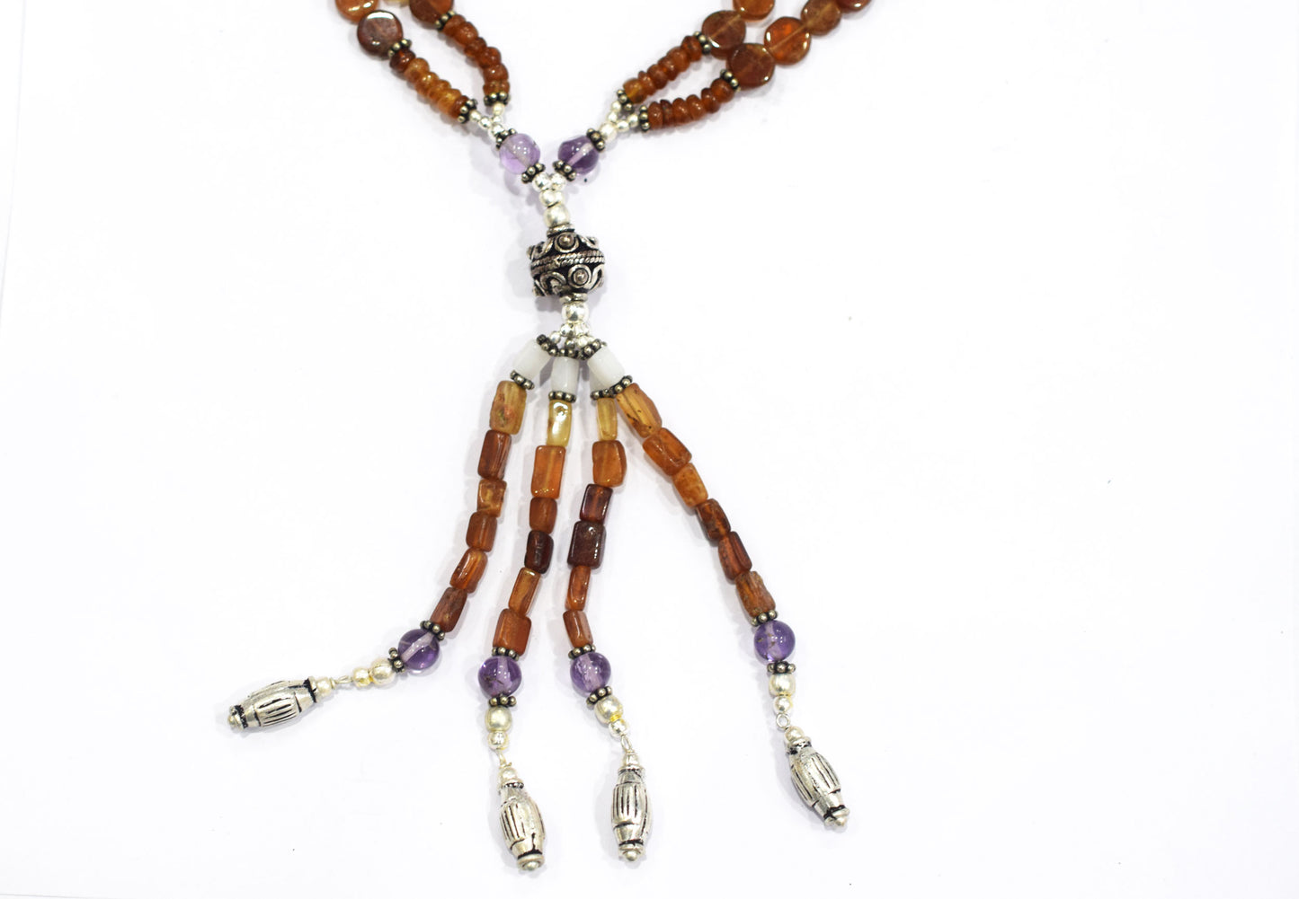 Natural Hessonite Garnet Amethyst and White Agate Tassel Necklace Set, Multi Strand Gemstone Statement Jewelry with Tiered Dangle Earrings, Gift for Her, 32832