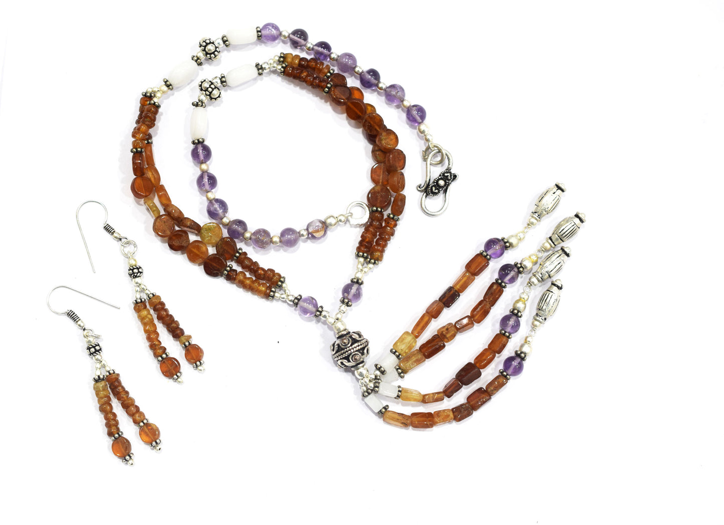 Natural Hessonite Garnet Amethyst and White Agate Tassel Necklace Set, Multi Strand Gemstone Statement Jewelry with Tiered Dangle Earrings, Gift for Her, 32832