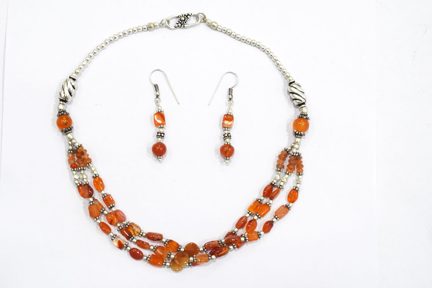 Natural Carnelian Multi Strand Choker Necklace Set with Dangle Earrings, Handmade Layered Orange Gemstone Statement Jewelry, Healing Crystals Gift for Her, 32833