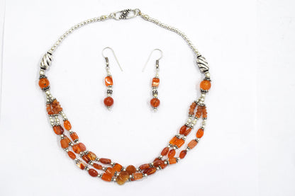 Natural Carnelian Multi Strand Choker Necklace Set with Dangle Earrings, Handmade Layered Orange Gemstone Statement Jewelry, Healing Crystals Gift for Her, 32833