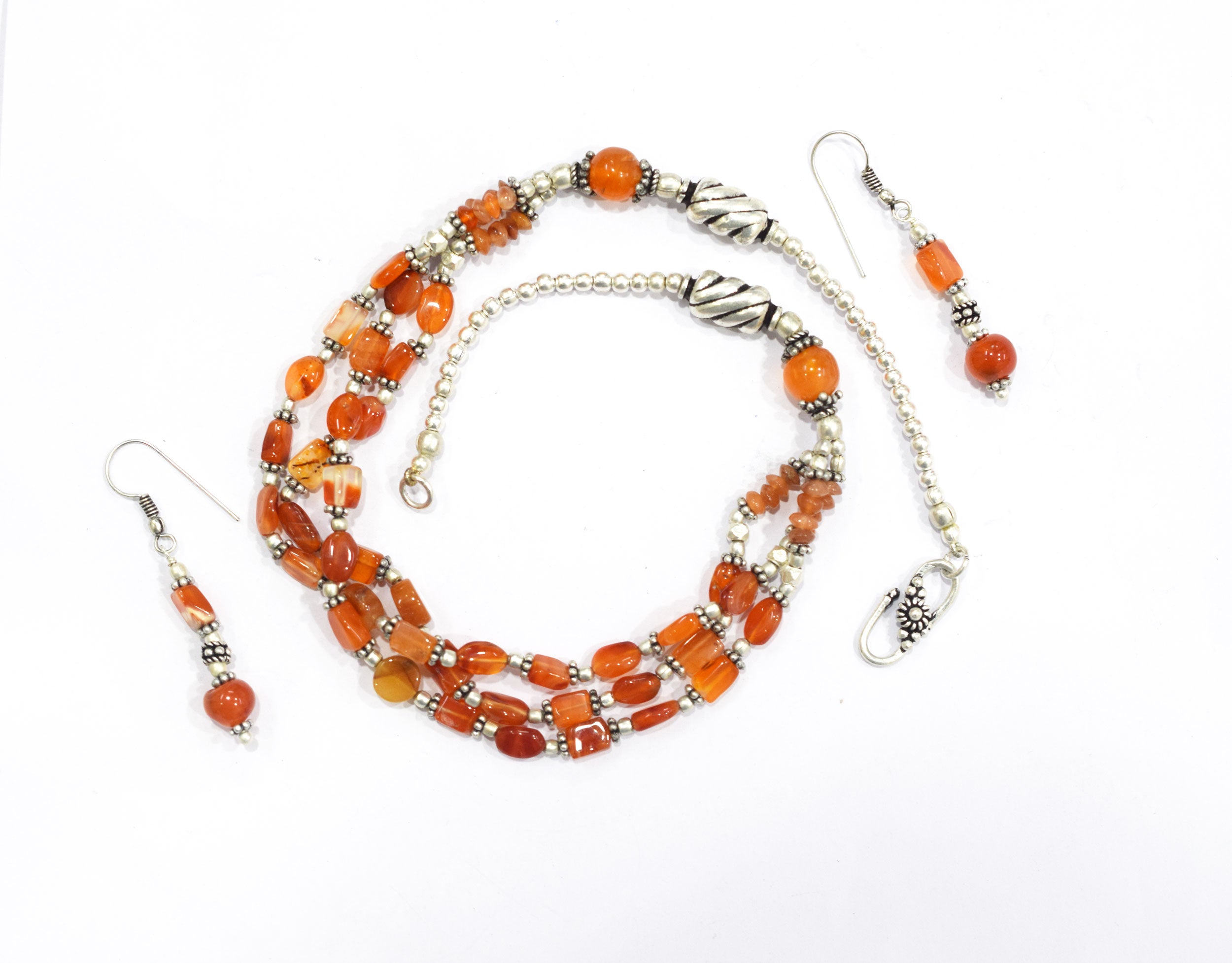 Natural Carnelian Multi Strand Choker Necklace Set with Dangle Earrings, Handmade Layered Orange Gemstone Statement Jewelry, Healing Crystals Gift for Her, 32833