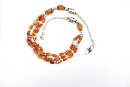 Natural Carnelian Multi Strand Choker Necklace Set with Dangle Earrings, Handmade Layered Orange Gemstone Statement Jewelry, Healing Crystals Gift for Her, 32833