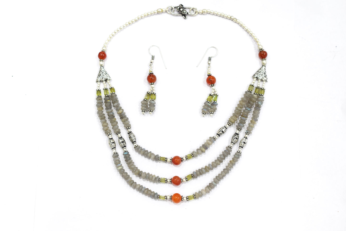 Natural Labradorite Carnelian and Rutile Quartz Layered Necklace Set, Mixed Gemstone Three Strand Multi Line Statement Jewelry with Dangle Earrings, 32834