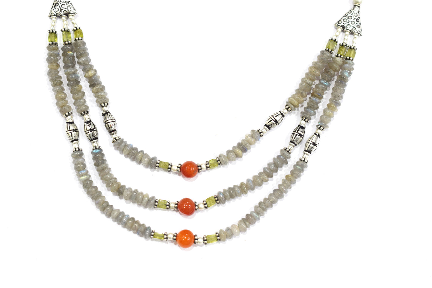 Natural Labradorite Carnelian and Rutile Quartz Layered Necklace Set, Mixed Gemstone Three Strand Multi Line Statement Jewelry with Dangle Earrings, 32834