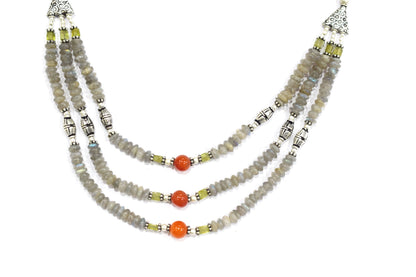 Natural Labradorite Carnelian and Rutile Quartz Layered Necklace Set, Mixed Gemstone Three Strand Multi Line Statement Jewelry with Dangle Earrings, 32834