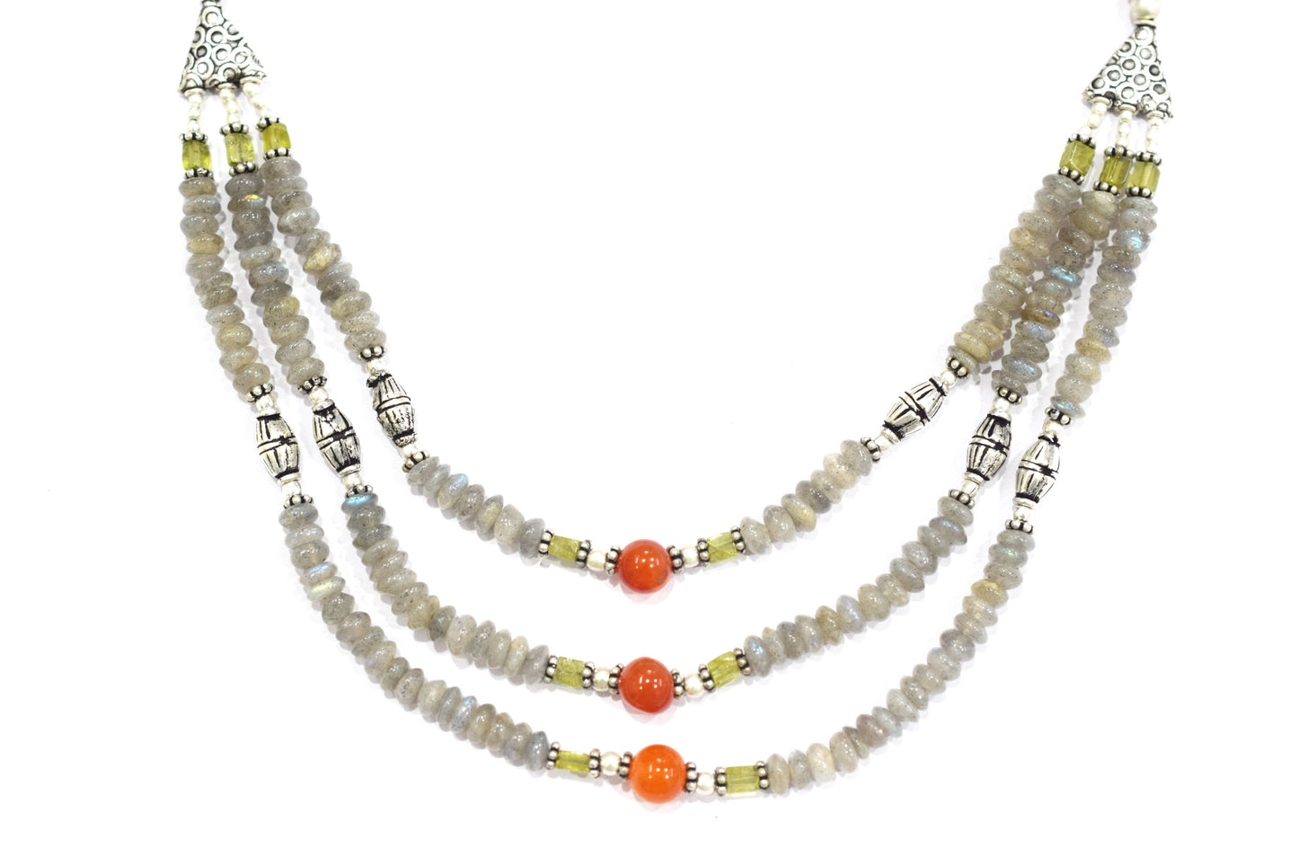 Natural Labradorite Carnelian and Rutile Quartz Layered Necklace Set, Mixed Gemstone Three Strand Multi Line Statement Jewelry with Dangle Earrings, 32834