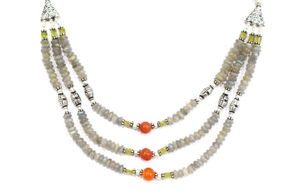 Natural Labradorite Carnelian and Rutile Quartz Layered Necklace Set, Mixed Gemstone Three Strand Multi Line Statement Jewelry with Dangle Earrings, 32834