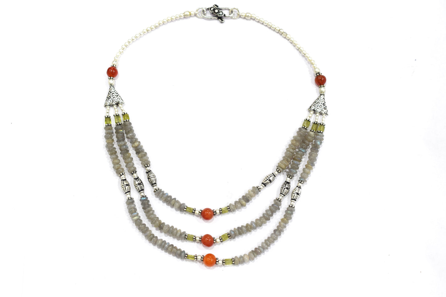 Natural Labradorite Carnelian and Rutile Quartz Layered Necklace Set, Mixed Gemstone Three Strand Multi Line Statement Jewelry with Dangle Earrings, 32834