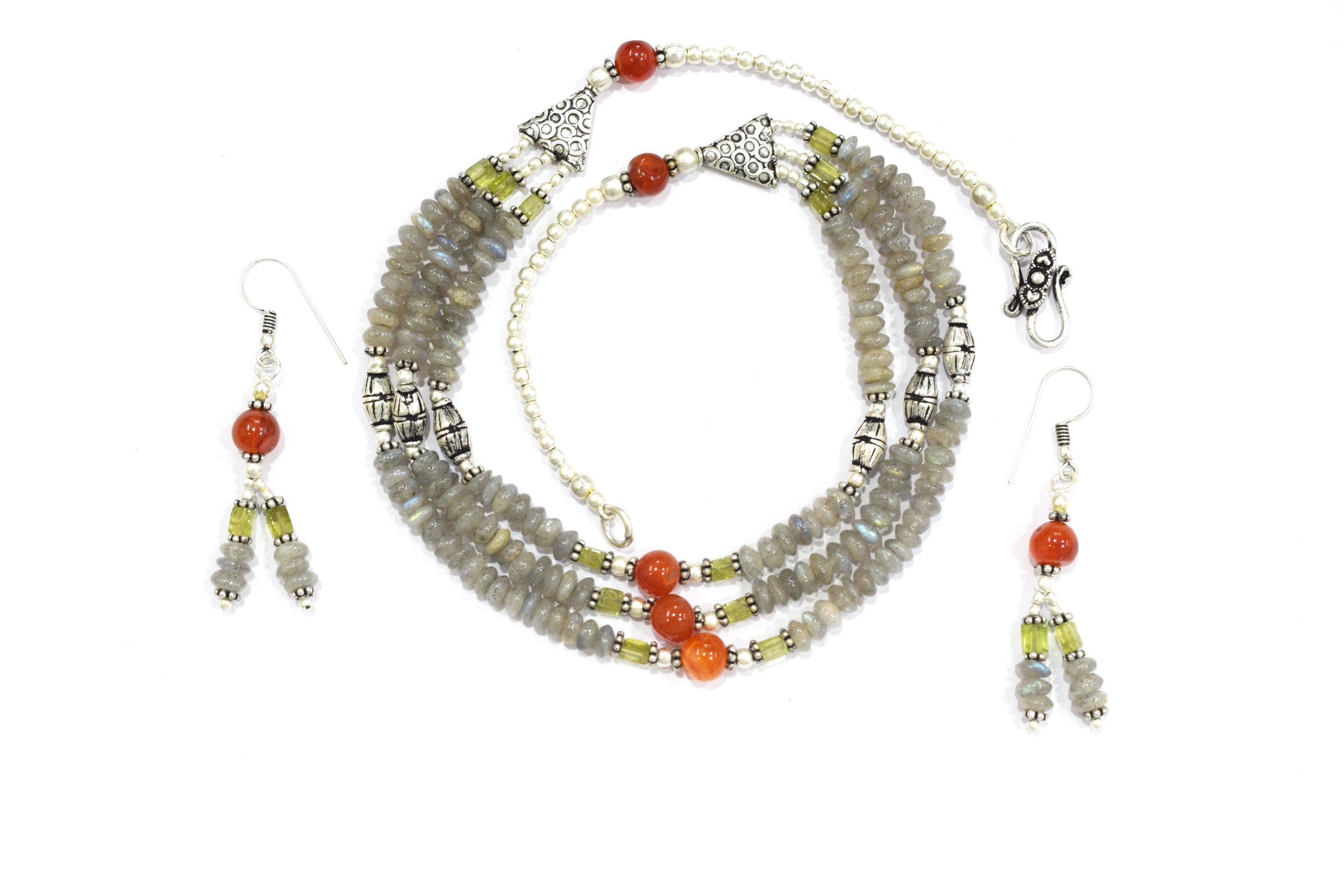 Natural Labradorite Carnelian and Rutile Quartz Layered Necklace Set, Mixed Gemstone Three Strand Multi Line Statement Jewelry with Dangle Earrings, 32834