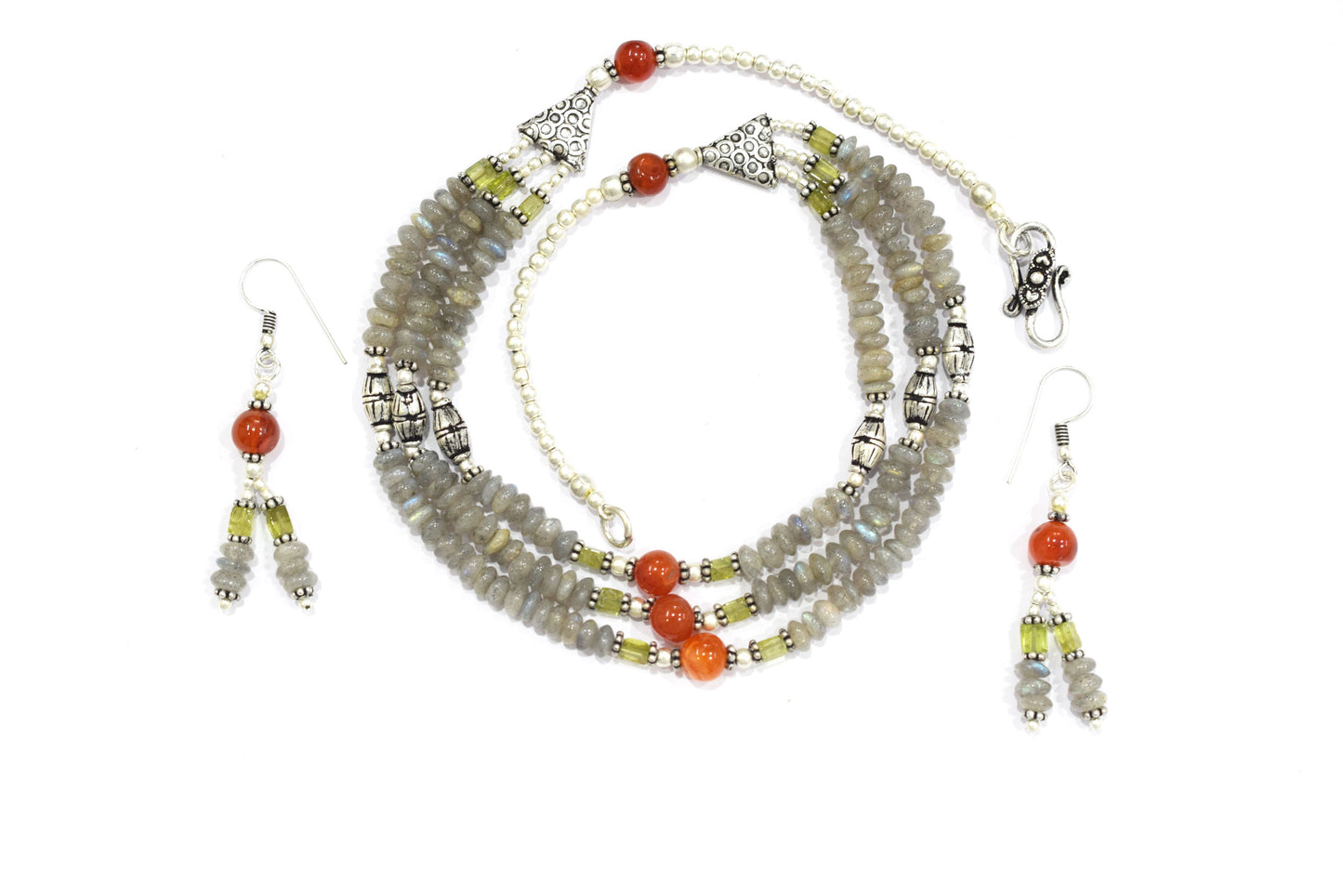 Natural Labradorite Carnelian and Rutile Quartz Layered Necklace Set, Mixed Gemstone Three Strand Multi Line Statement Jewelry with Dangle Earrings, 32834