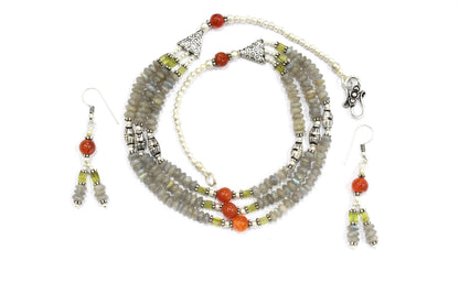 Natural Labradorite Carnelian and Rutile Quartz Layered Necklace Set, Mixed Gemstone Three Strand Multi Line Statement Jewelry with Dangle Earrings, 32834