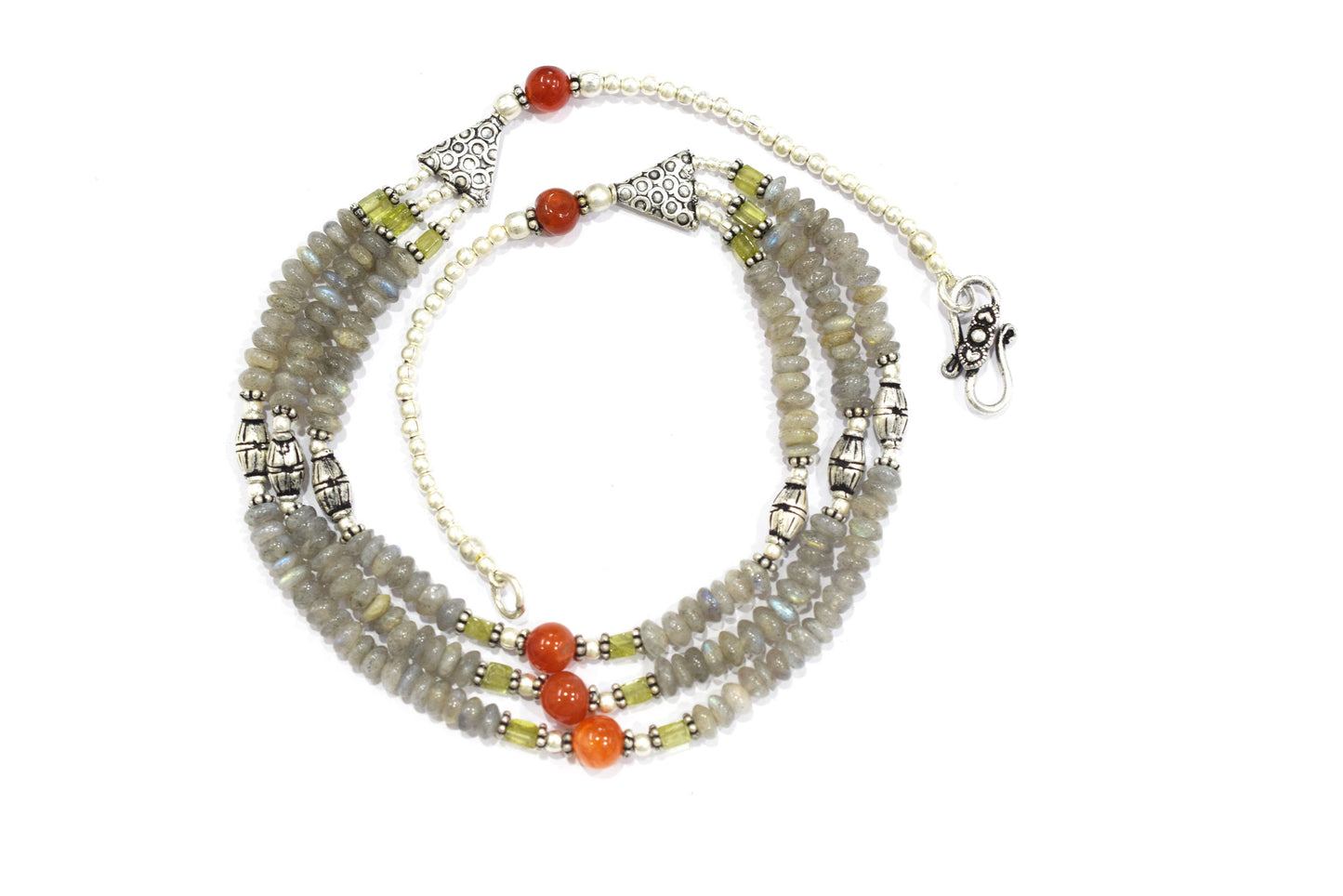 Natural Labradorite Carnelian and Rutile Quartz Layered Necklace Set, Mixed Gemstone Three Strand Multi Line Statement Jewelry with Dangle Earrings, 32834