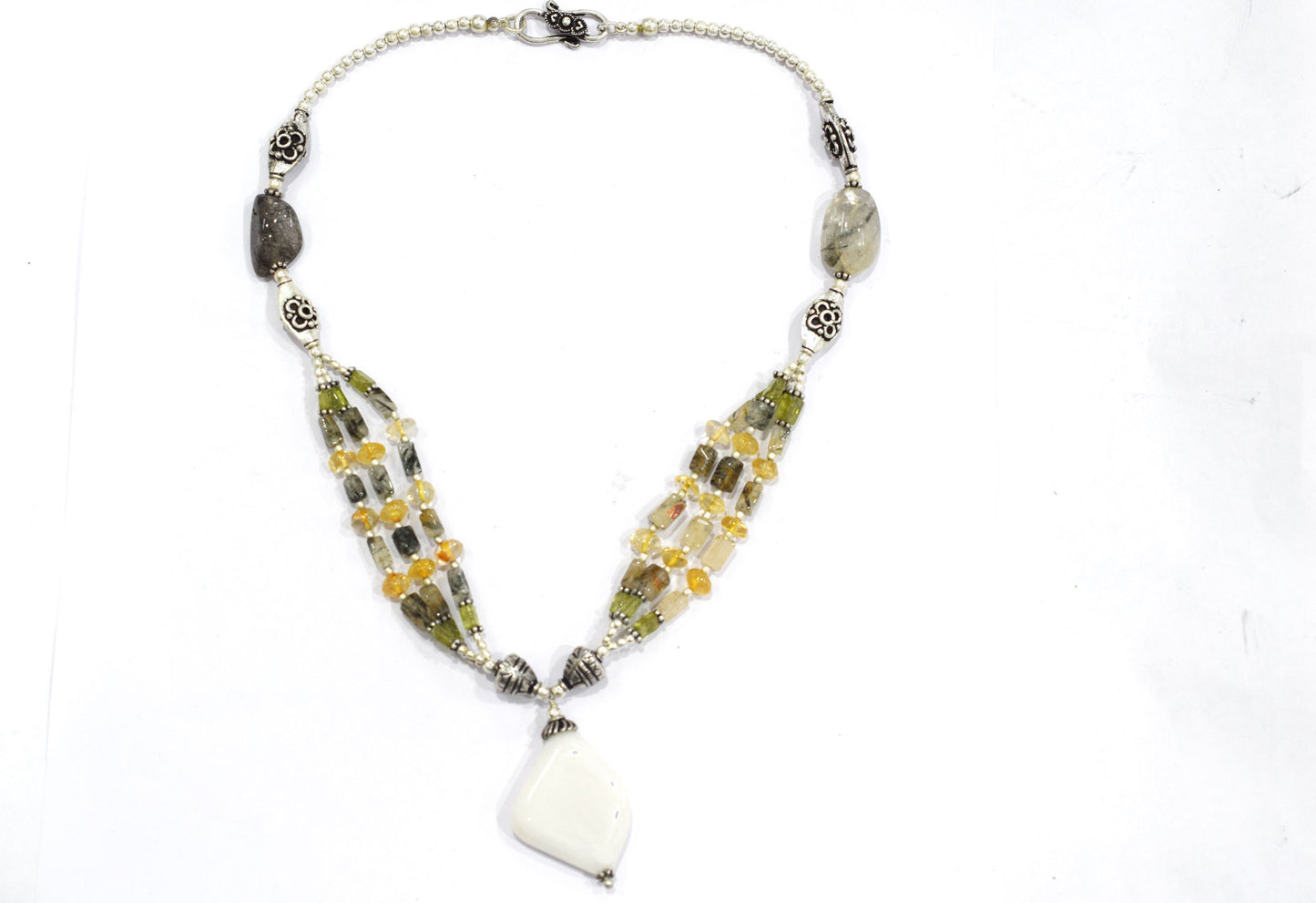 Natural White Agate Pendant Citrine Peridot and Rutile Quartz Layered Necklace Set, Mixed Gemstone Jewelry with Dangle Earrings, 32835