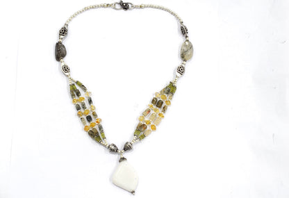 Natural White Agate Pendant Citrine Peridot and Rutile Quartz Layered Necklace Set, Mixed Gemstone Jewelry with Dangle Earrings, 32835