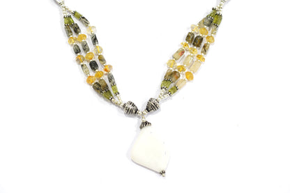 Natural White Agate Pendant Citrine Peridot and Rutile Quartz Layered Necklace Set, Mixed Gemstone Jewelry with Dangle Earrings, 32835